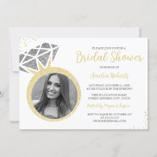 Invitación Anillo de Foto de Plata Dorada Brillo Shower Nupci