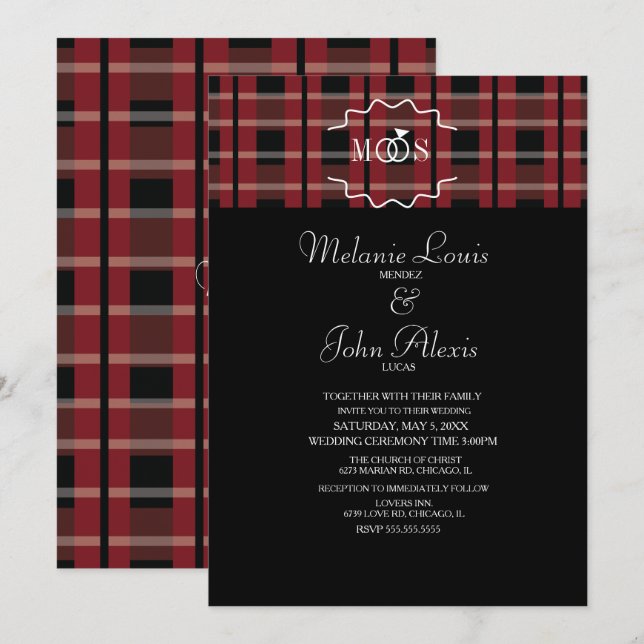 Invitación Anillo de Logo de Tartán de Franela de Vino Modern (Anverso / Reverso)