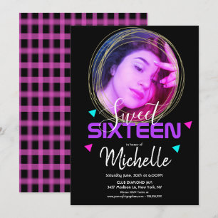 Invitación Anillo de oro de dulce dieciséis de neón Confeti C