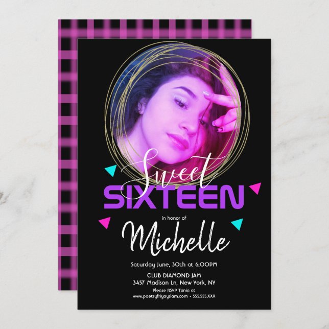 Invitación Anillo de oro de dulce dieciséis neon Confeti Cuad (Anverso / Reverso)