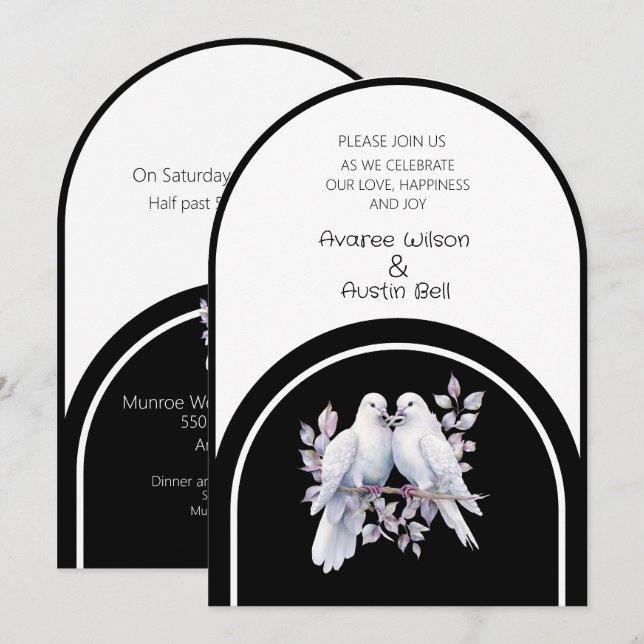 Invitación Anillo de palomas negro y blanco arqueado (Anverso / Reverso)