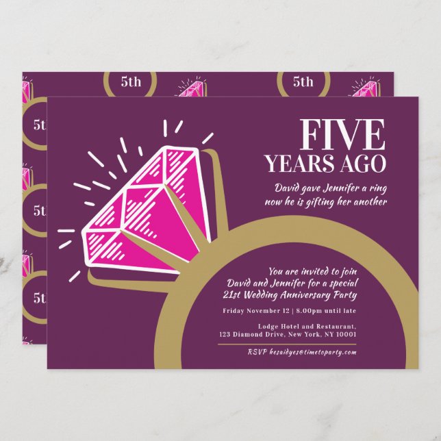 Invitación Anillo de tourmalina rosa para la fiesta del 5º an (Anverso / Reverso)