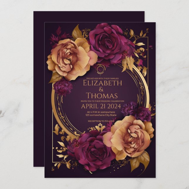 Invitación Anillo dorado con Rosas morado oscuro y azúcar mar (Anverso / Reverso)