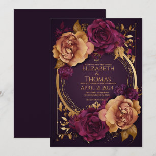 Invitación Anillo dorado con Rosas morado oscuro y azúcar mar