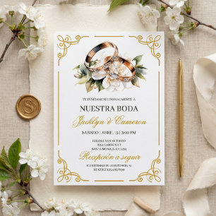 Invitación Anillo Floral Blanco Elegante Boda Española