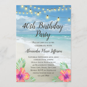 Invitación Anillo Luces Tropical Luau Beach 40 cumpleaños