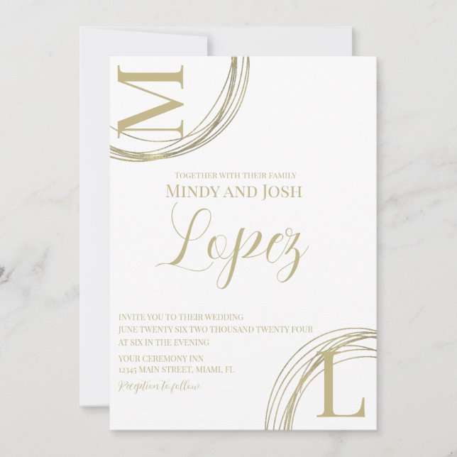 Invitación Anillos abstractos escritura boda oro falso   (Anverso)
