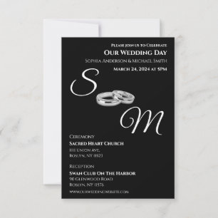 Invitación Anillos-Bodas de Monograma Negro y Blanco-