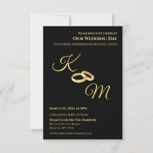 Invitación Anillos-Bodas de monograma negro y dorado-