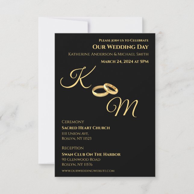 Invitación Anillos-Bodas de monograma negro y dorado- (Anverso)