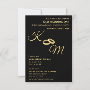 Invitación Anillos-Bodas de monograma negro y dorado-