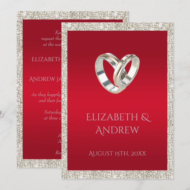 Invitación Anillos Bodas elegantes, Boda rojo y Purpurina de  (Anverso / Reverso)
