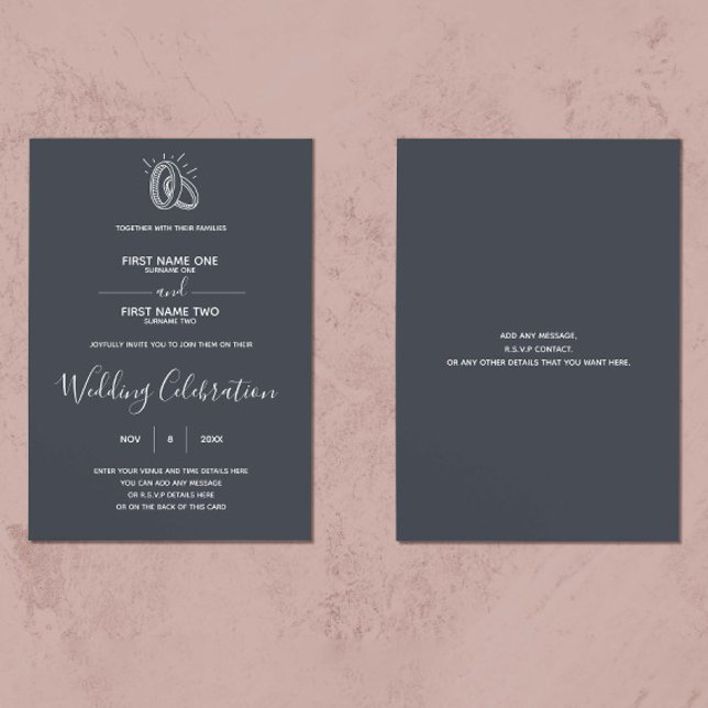 Invitación Anillos bodas fondo oscuro elegante (Contemporary wedding invitation, featuring an elegant script and run drawn wedding rings)