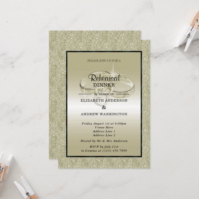 Invitación Anillos Bodas románticos, Purpurina de oro (Anverso/Reverso In Situ)