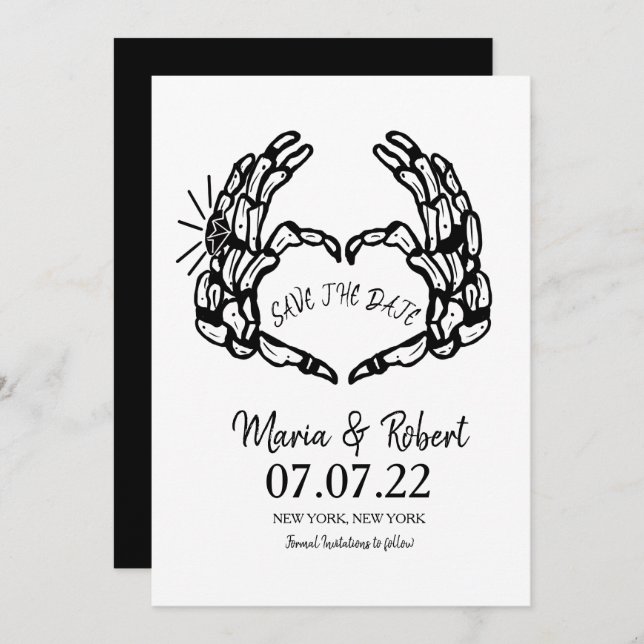 Invitación Anillos de boda de corazón de mano de esqueleto ne (Anverso / Reverso)