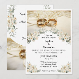 Invitación Anillos de Boda de Oro Elegantes y Floral Verde Sa