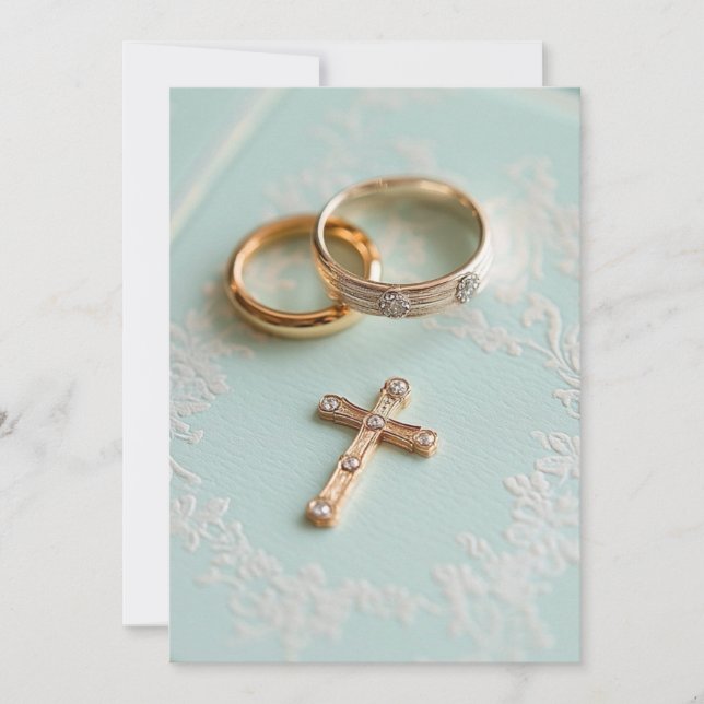 Invitación Anillos de boda de oro rosa y cruz (Anverso)