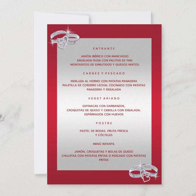 Invitación Anillos De Boda, De Plata Y Rojo Menú (Reverso)