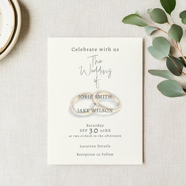 Invitación Anillos de boda discretos boda (Wedding invitation with a soft background of an illustration of 2 gold wedding rings.)