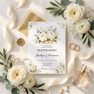 Invitación Anillos de Boda Elegantes de Floral Blanco y Dorad