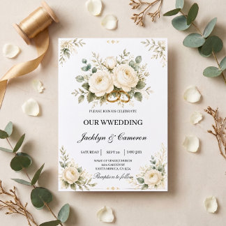 Invitación Anillos de Boda Elegantes Florales Blancos y Dorad