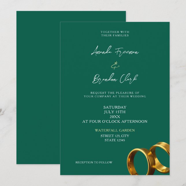 Invitación Anillos de boda esmeralda verde oro Chic (Anverso / Reverso)