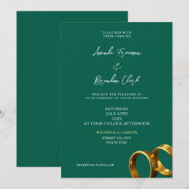 Invitación Anillos de boda esmeralda verde oro Chic