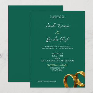 Invitación Anillos de boda esmeralda verde oro Chic