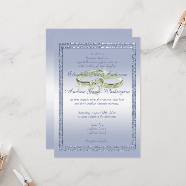 Invitación Anillos de Boda y Purpurina de perwinkle de bonito (Anverso/Reverso In Situ)