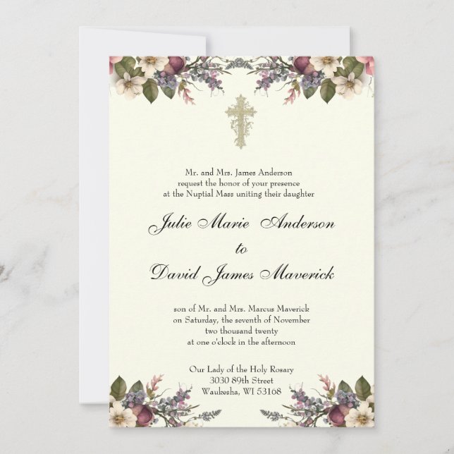 Invitación Anillos de la Cruz Cristiana Floral Boda Católica (Anverso)