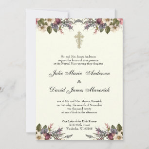 Invitación Anillos de la Cruz Cristiana Floral Boda Católica