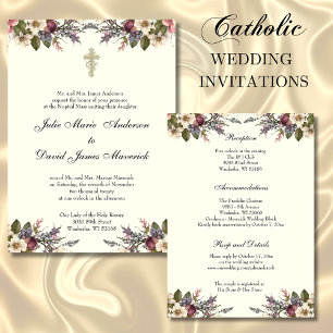 Invitación Anillos de la Cruz Cristiana Floral Boda Católica