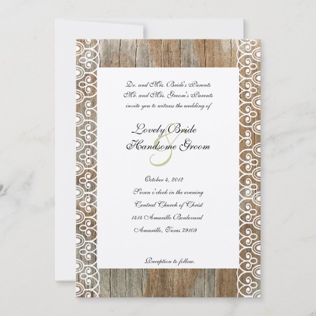 Invitación Anillos de madera Shabby Lace Heart Wedting (Anverso)