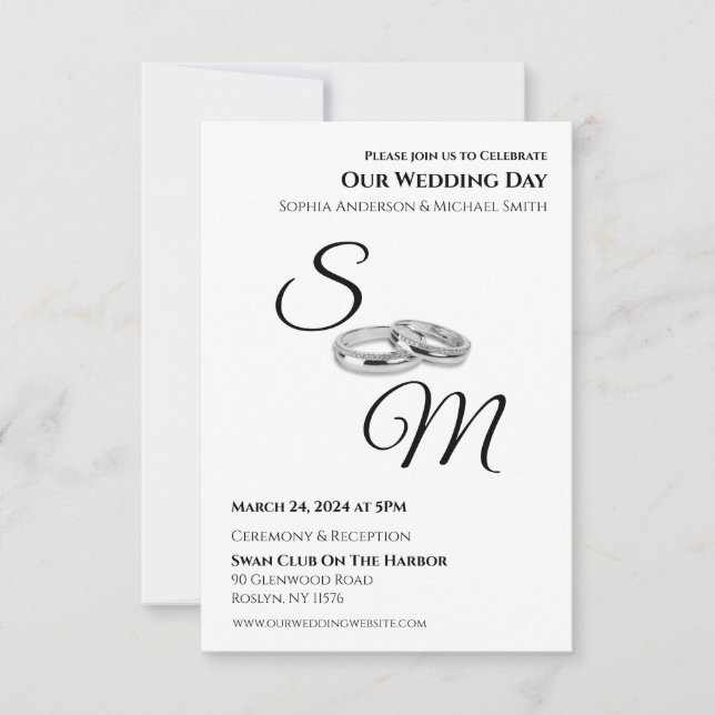 Invitación Anillos de Monograma-Boda en blanco y negro- (Anverso)