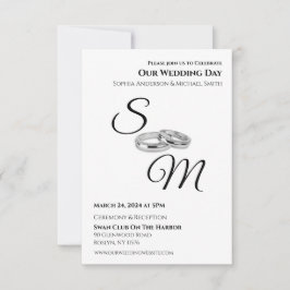 Invitación Anillos de Monograma-Boda en blanco y negro-