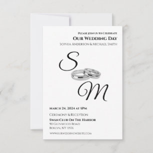 Invitación Anillos de Monograma-Boda en blanco y negro-