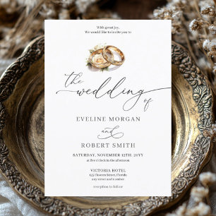 Invitación Anillos de oro de caligrafía moderna y boda de ros