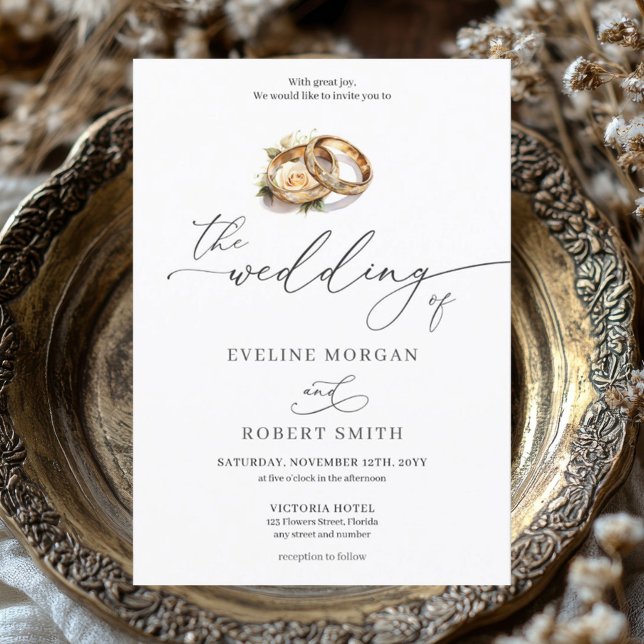 Invitación Anillos de oro de caligrafía moderna y boda de ros (trendy hand writing script lettering gold wedding rings wedding invitation)