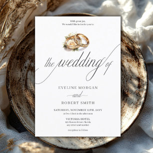 Invitación Anillos de oro de caligrafía simple y boda de rosa