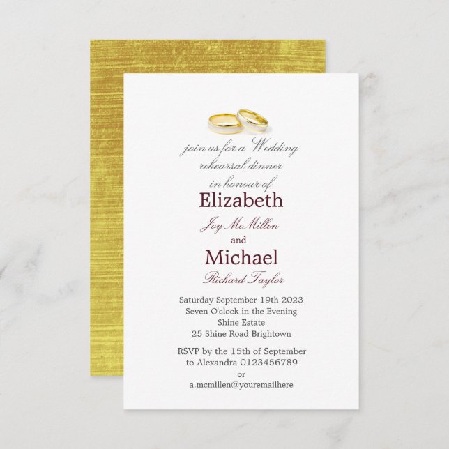 Invitación Anillos de oro elegante ensayo de boda cena (Anverso / Reverso)