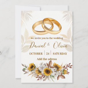 Invitación Anillos de oro elegantes girasol acuarela boda