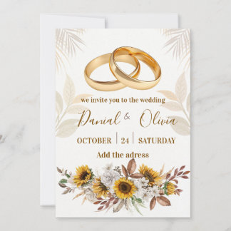 Invitación Anillos de oro elegantes girasol acuarela boda 
