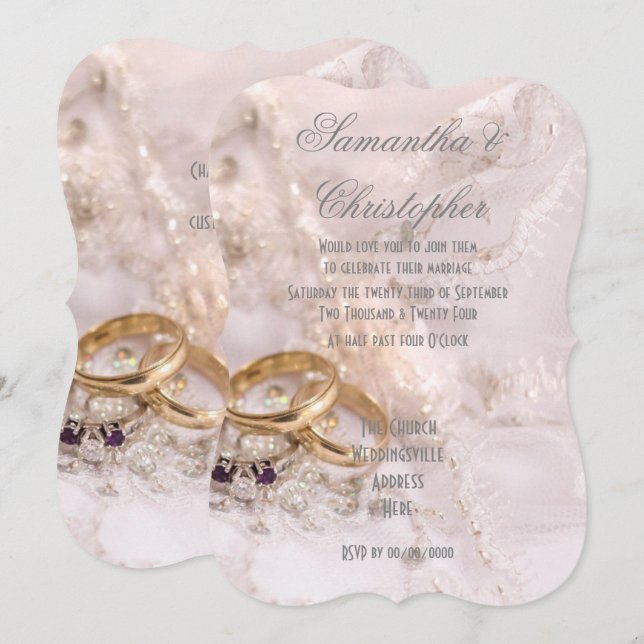 Invitación Anillos de oro sobre novias vestido boda (Anverso / Reverso)