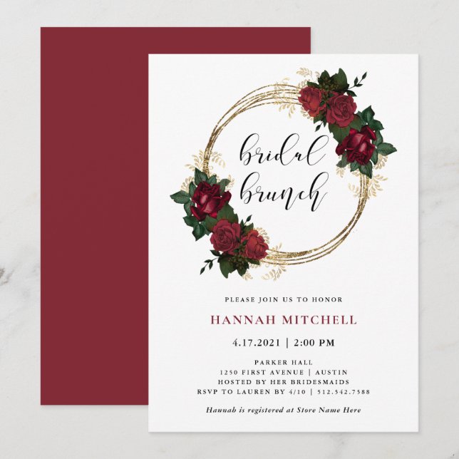 Invitación Anillos de oro y rosas rojas | Bridal Brunch (Anverso / Reverso)