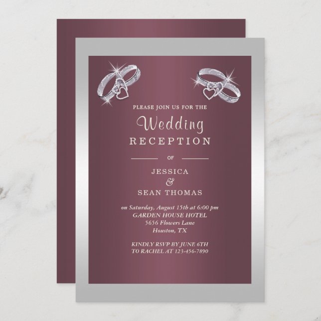 Invitación Anillos de plata espumosa y recepción de bodas de  (Anverso / Reverso)