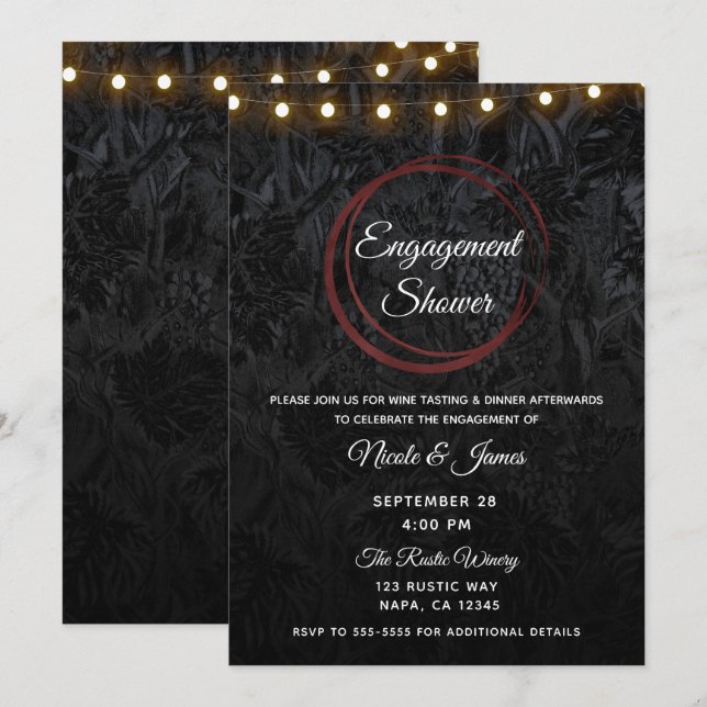 Invitación Anillos de vino tinto negro chic moderno compromis (Anverso / Reverso)