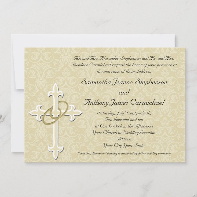 Invitación Anillos dorados con cruz, amor cristiano elegante (Anverso)
