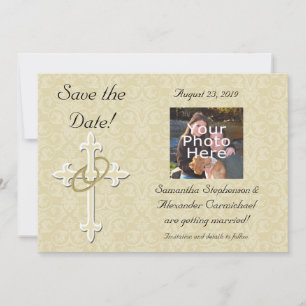 Invitación Anillos dorados con cruz, elegante amor cristiano
