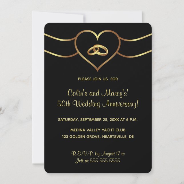 Invitación Anillos editables de Boda de oro y corazón (Anverso)