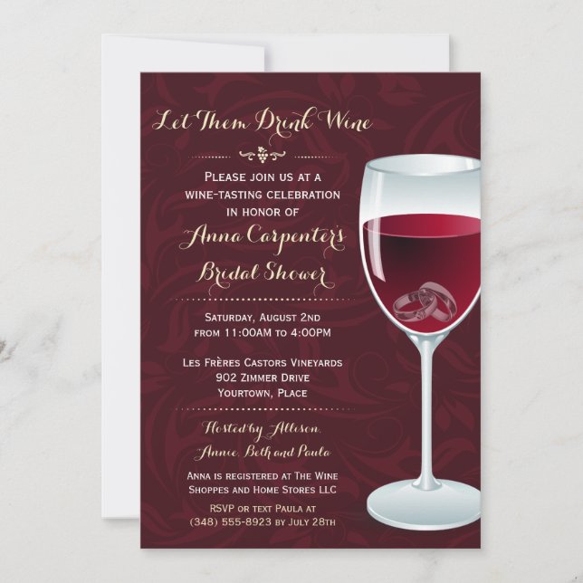 Invitación Anillos en ducha de novia de vidrio de vino (Anverso)